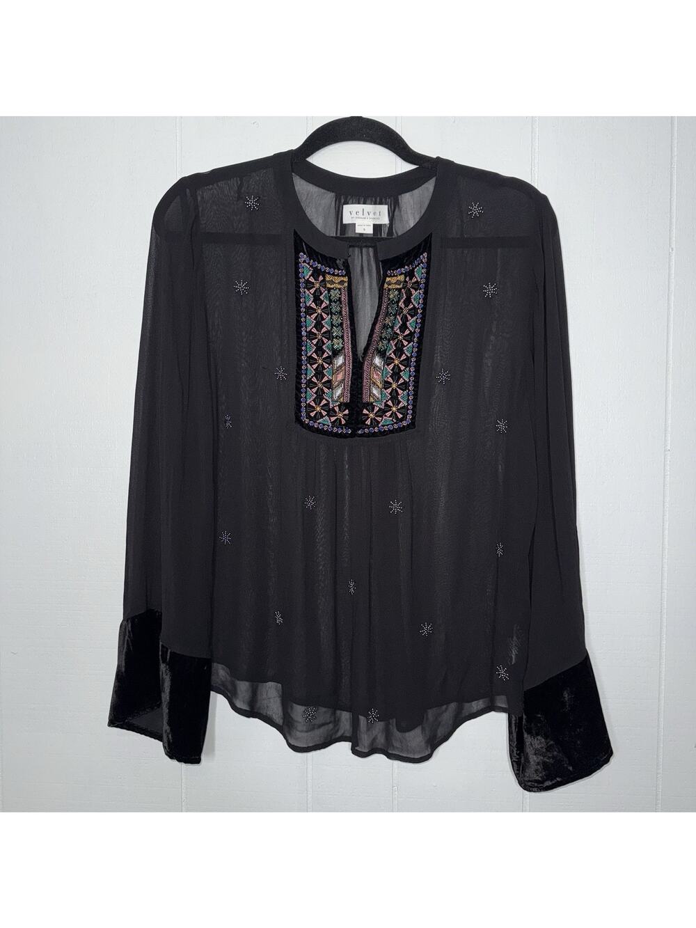 Velvet By Graham & Spencer Women’s Velvet Trimmed Embellished Blouse Black Small